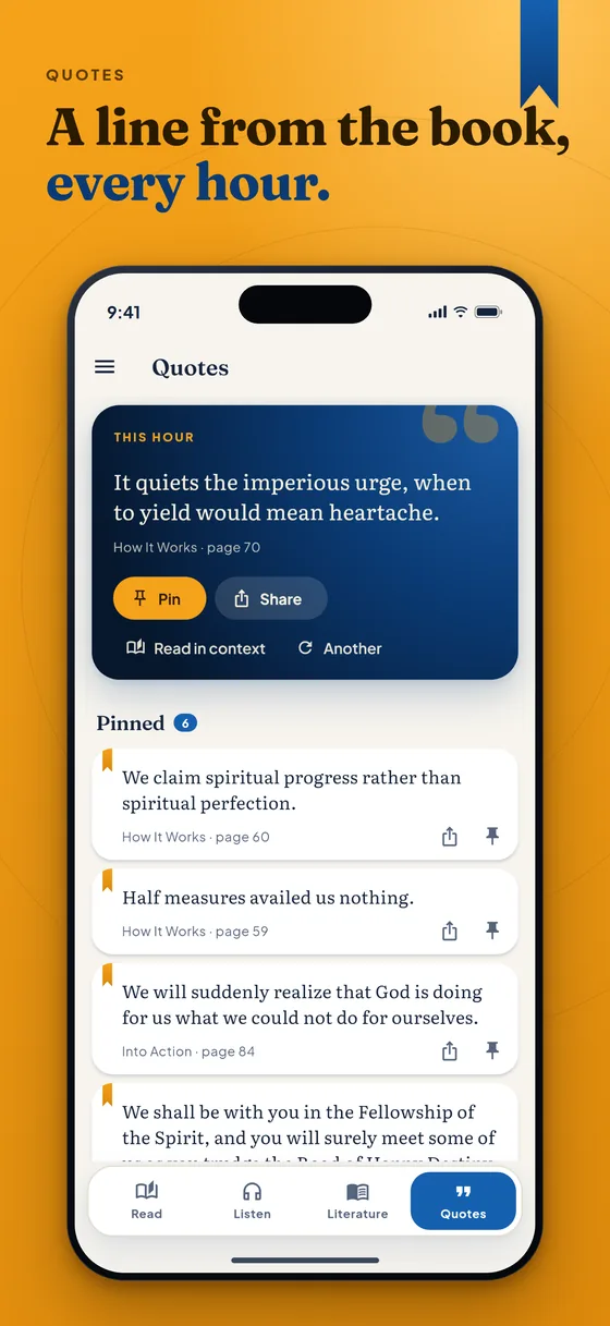 The Quotes tab: a line from the book, every hour