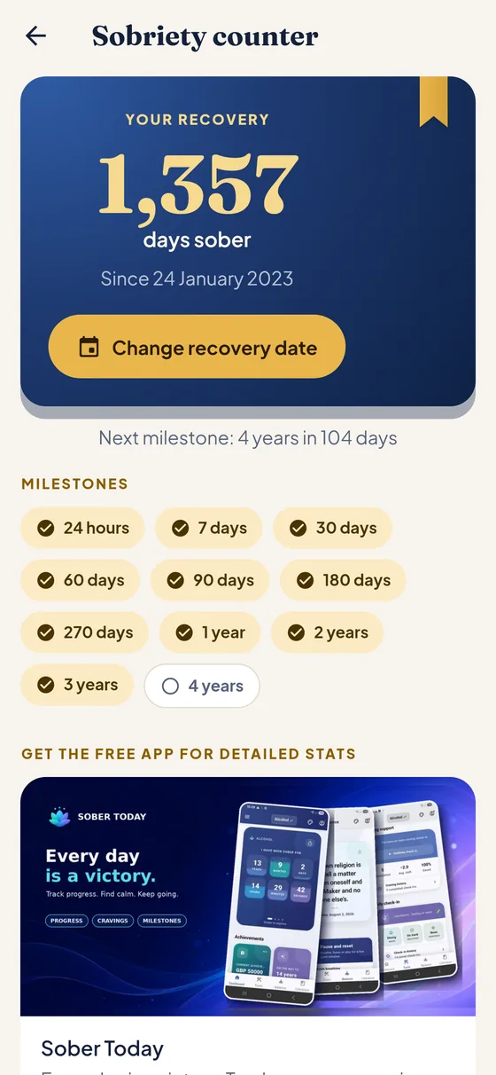 The sobriety counter, with milestones from 24 hours to four years